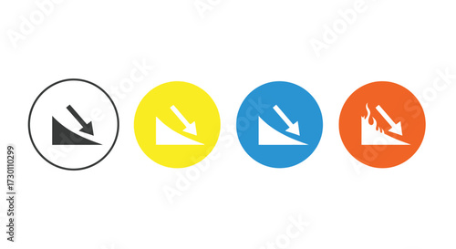 Four Circular Icons Depicting a Downward Arrow on a Ramp in Different Colors and Styles Representing Decline Trends