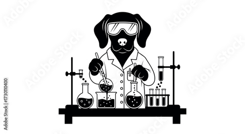 Black silhouette of a dog wearing safety goggles and lab coat performing a science experiment with beakers and test tubes