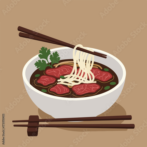 A vector bowl of beef noodle soup with chopsticks on a tan background