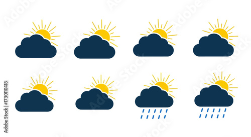 Collection of Sunny Cloudy and Rainy Weather Icons Representing Different Forecasts and Meteorological Conditions Over a White Background