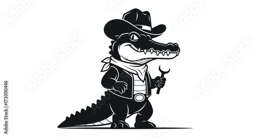 Cartoon Alligator Cowboy Holding a Wrench on a White Background western animal