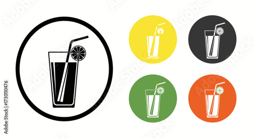 Refreshing Beverage Icon Set Displaying a Tall Glass Filled with Liquid and a Straw with a Fruit Slice Garnish