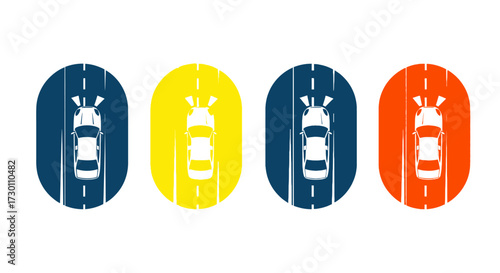 Four Cars on Different Colored Roadways Seen From Above Illustrating Various Traffic Scenarios