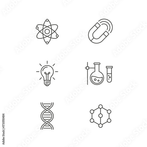 Science and Technology Icons Atom, Magnet, Lightbulb, DNA, Chemistry in Monochrome Design