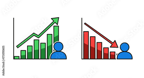 Visualizing Upward and Downward Trends of Business Growth and Decline with Bar Charts and People Icons
