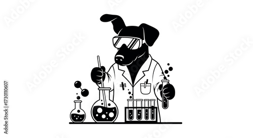 Cartoon dog scientist in lab coat and goggles conducting experiment with test tubes and beakers Keywords: dog, scientist, laboratory, experiment, research, science, animal, cartoon