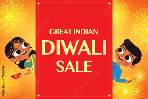 Great Indian Diwali Sale Banner with Happy Children in Fireworks Background