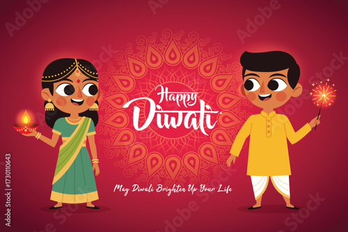 Festive Kids in Indian Traditional Dress Lighting Sparklers for Diwali Festival