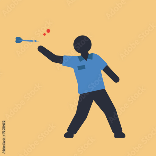 Person throwing dart, stylized figure on peach background with dart and red specks
