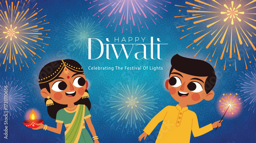 Children in Traditional Clothes in Diwali Night Fireworks Background