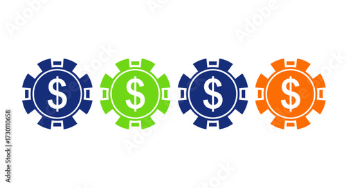 Four casino chips with dollar signs in different colors symbolizing financial gambling opportunities