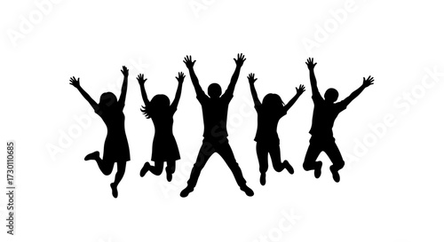 A diverse group of children and adults jumping joyfully in the air celebrating a moment of shared happiness and excitement