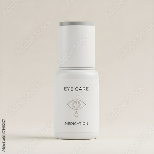 Eye care medication bottle with eye icon and label in soft studio lighting