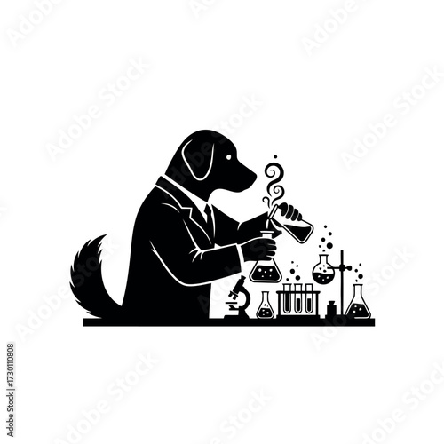 Dog in a suit performing a chemical experiment with beakers flasks and microscope scientist laboratory