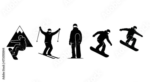 Collection of Winter Sports Icons Depicting Skiing Snowboarding and Mountain Activities