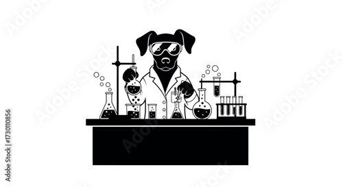 Dog scientist in lab coat and goggles with laboratory equipment and bubbling liquids Keywords: dog, scientist, laboratory, experiment, research, science, animal, cartoon, illustration, beaker