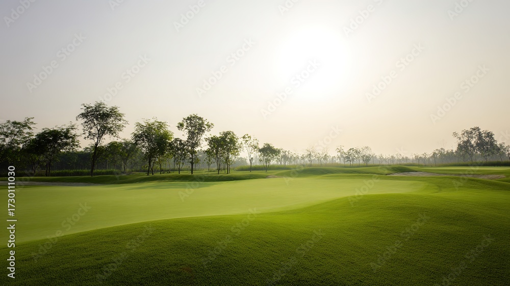 Obraz premium fairway. Vast green golf course under bright sunlight, capturing the tranquility of open landscapes. travel magazines, destination branding, designed for outdoor magazines and nature guides.