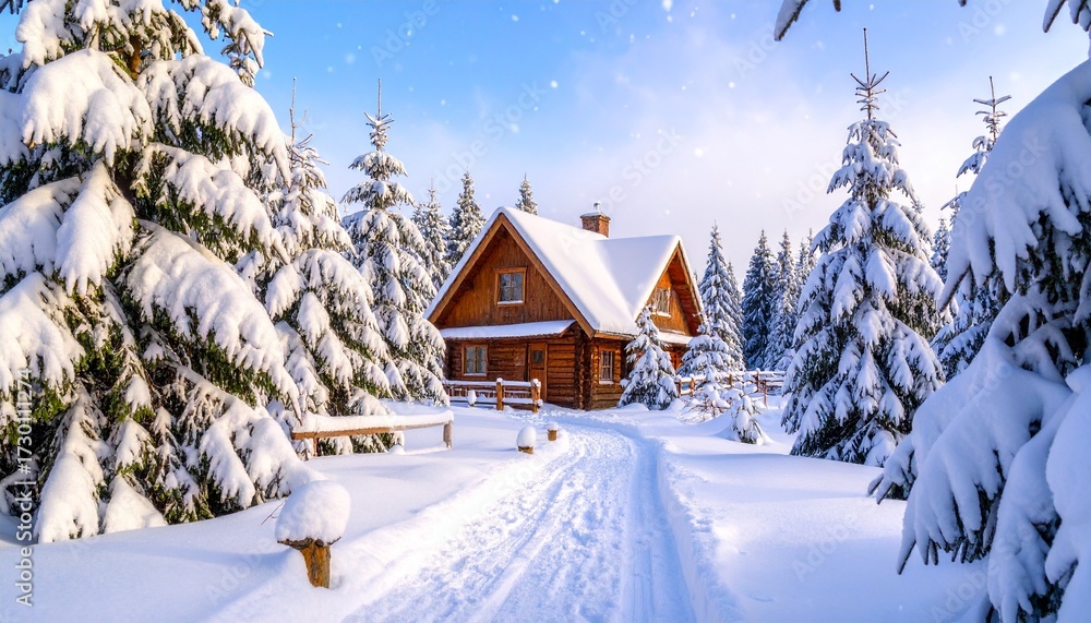 Fototapeta premium Cozy Winter Cabin in Snowy Forest