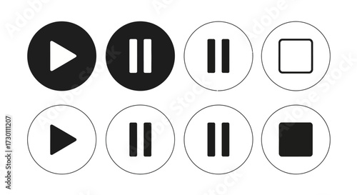 Collection of circular and square icons for media playback controls including play pause and stop buttons for digital interfaces