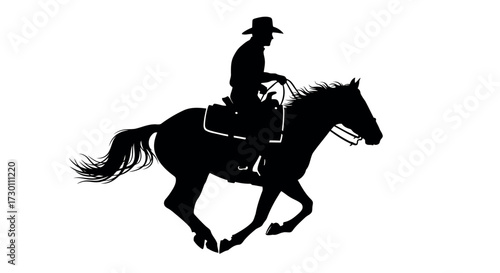 Silhouette of a Cowboy Riding a Horse in Full Gallop on White Background galloping