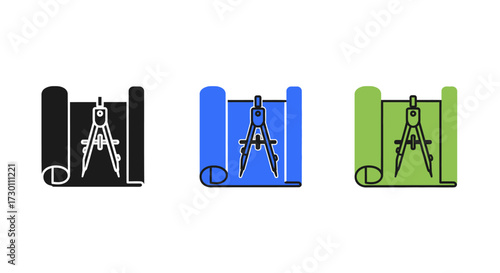 Architectural Blueprint and Compass Icon Set Representing Design Engineering Construction Planning and Drafting
