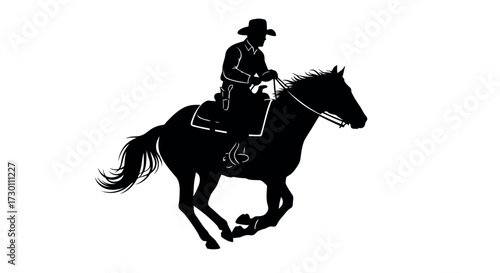 Silhouette of a cowboy riding a galloping horse on a white background rider running