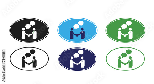 Illustrated Icons Representing Business Handshakes and Communication Symbolizing Collaboration and Agreement Among Professionals in Various Oval Settings