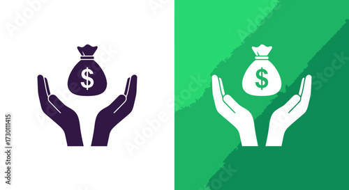 Two Stylized Iconographic Illustrations Depicting Open Hands Gently Supporting a Money Bag Filled with Currency Symbolizing Financial Care and Security