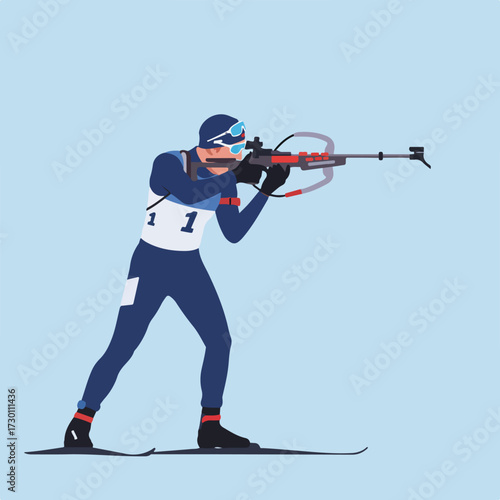 Biathlete aiming a rifle, wearing number 1 on a pale blue background