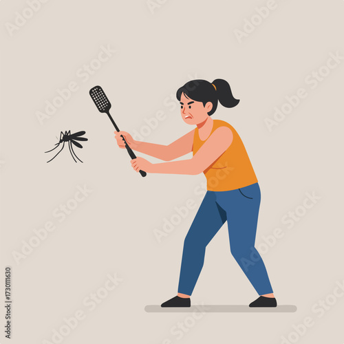 Woman with flyswatter prepares to strike an insect, looking fierce
