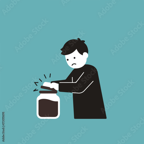 Cartoon of person struggling to open jar against a teal background