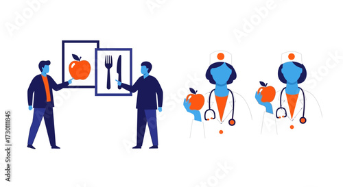Healthy lifestyle choices and healthcare professionals promoting well-being through nutritious food options and medical guidance for a balanced life