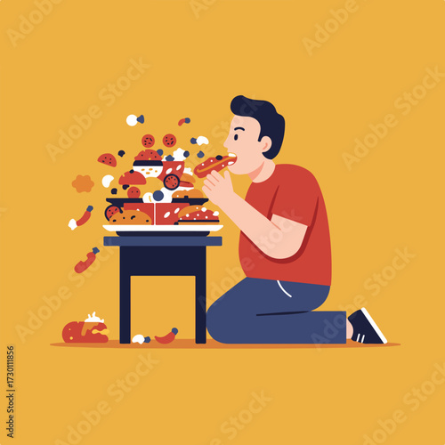 Person eats massive food stack kneeling on floor
