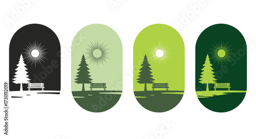 Serene Park Scene with Evergreen Tree and Bench Under a Bright Sunny Sky Capturing Tranquil Outdoor Ambiance