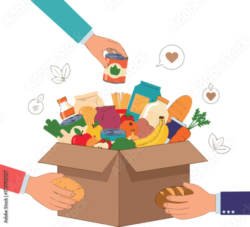 Box with different food. Charity, food donation for needy and poor people. Food delivery. Support concept. Volunteer social assistance. Flat vector illustration On White Background