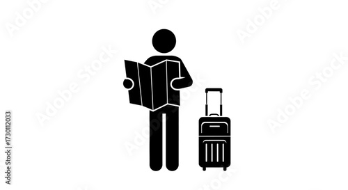 A stick figure traveler holding a map and standing next to a wheeled suitcase ready for a journey