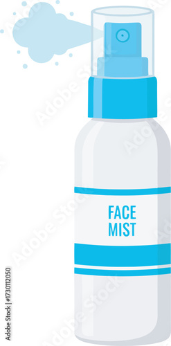 A cosmetic face mist bottle spraying a refreshing, hydrating, and cooling cloud.