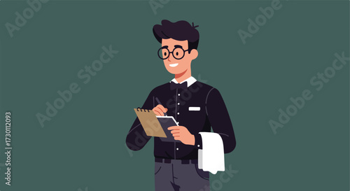 Smiling waiter with glasses takes notes on a clipboard