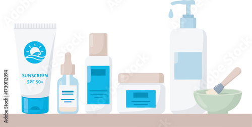 Various skincare products arranged on a shelf, including sunscreen and lotion.