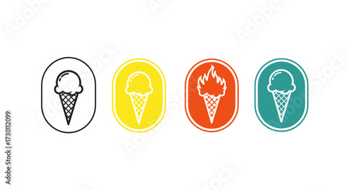Set of stylized icons representing ice cream cones in different artistic interpretations and vibrant color schemes ideal for dessert and frozen treat branding applications