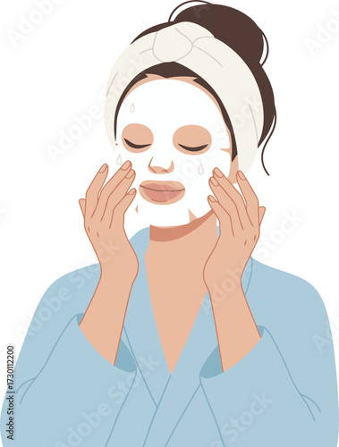 Woman applying a sheet mask to her face, wearing a robe and headband, eyes closed, in a skincare routine.