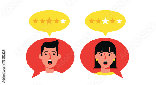 Customer Feedback and Satisfaction Ratings Conveyed Through Star Reviews and Dialogue Bubbles