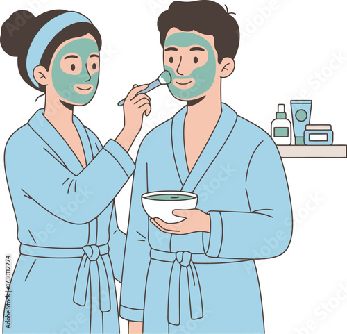 Woman applying a facial mask to a man with a brush, both wearing robes in a spa setting.
