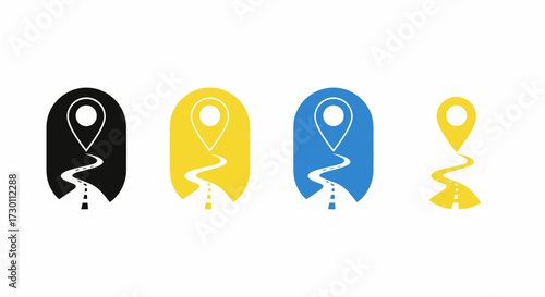Illustrative Set of Navigation Icons Showing Road Maps and Location Pins in Various Colors for Travel and Directional Purposes