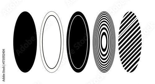 Exploring diverse oval shapes and patterns demonstrating graphic design principles and visual illusions for abstract artistic representation and creative exploration