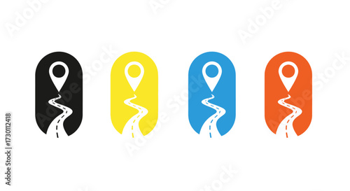 Navigation route with a location marker indicating destination and pathway symbol representing travel journey and adventure