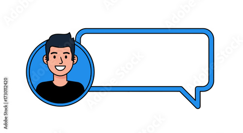 A happy young man in a black shirt with short dark hair and a blue circular frame next to a blue speech bubble ready to communicate his thoughts or ideas