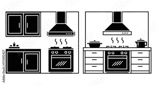 Two Modern Kitchen Setups Featuring Stovetops Ovens Cabinets and Range Hoods for Culinary Preparation and Food Ventilation