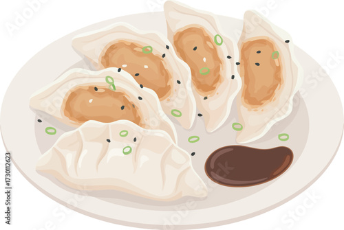 Plate of dumplings with soy sauce, garnished with sesame seeds and scallions.