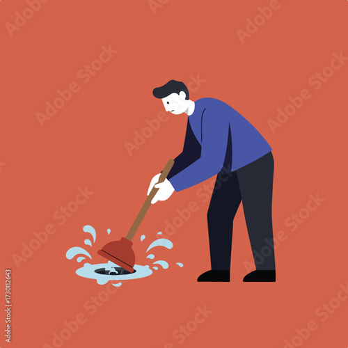 Cartoon illustration man plunges a clogged drain with water splashes
